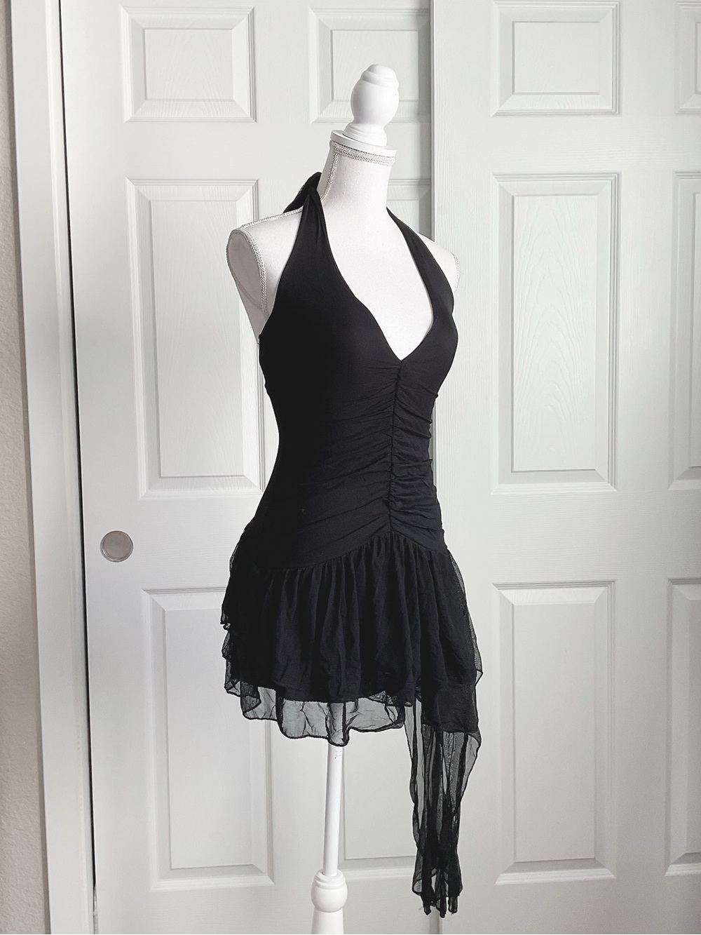 Black Halter Ruched Asymmetrical Bodycon Mesh Dress